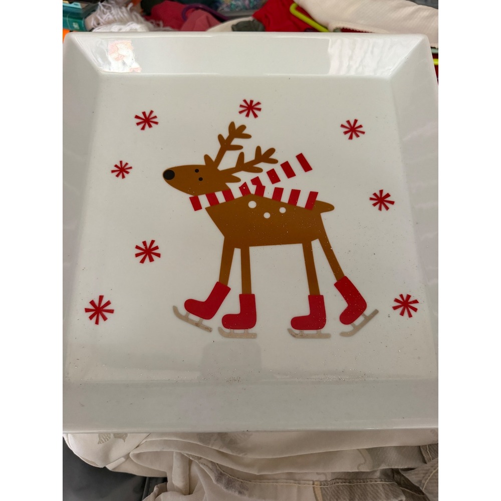 Crate & Barrel Christmas Reindeer Ice Skating Square Appetizer Plate White Red